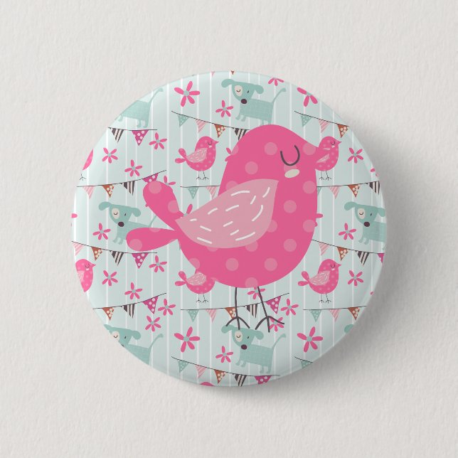 Birds, Dogs, Banners, Flowers Pinback Button (Front)
