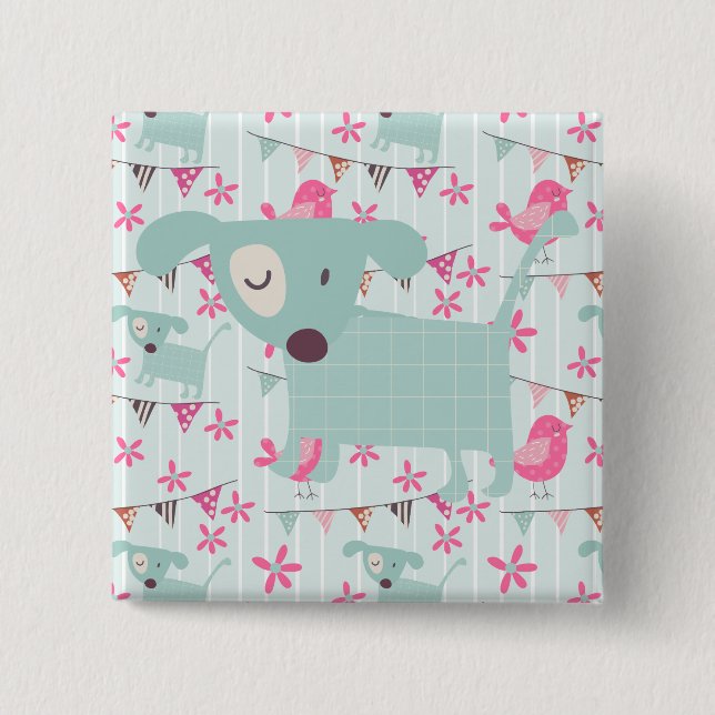 Birds, Dogs, Banners, Flowers Pinback Button (Front)