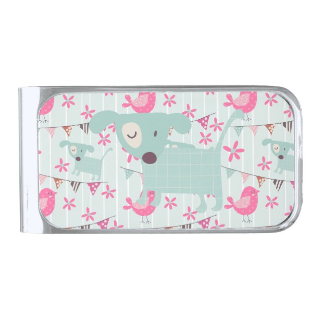 Birds, Dogs, Banners, Flowers Silver Finish Money Clip (Front)