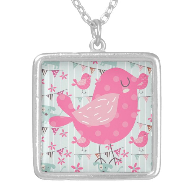 Birds, Dogs, Banners, Flowers Silver Plated Necklace (Front)