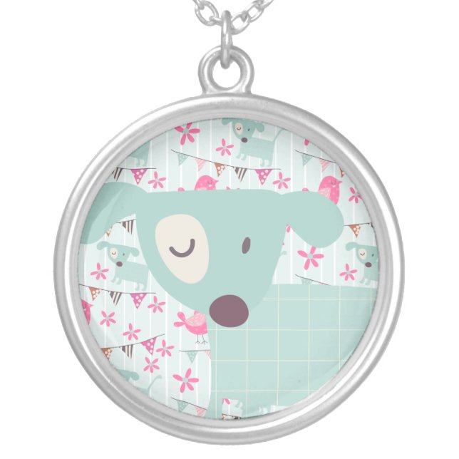 Birds, Dogs, Banners, Flowers Silver Plated Necklace (Front)