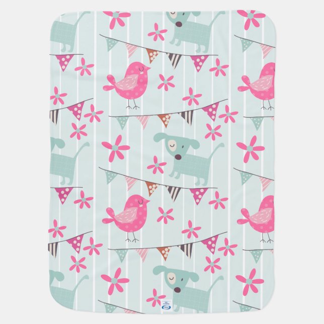 Birds, Dogs, Banners, Flowers Swaddle Blanket (Back)