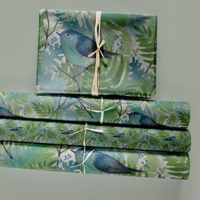 Birds Dragonflies Blue Ferns Decoupage Wrapping Paper Sheets (Elegant Birds Blue Fern Plants Floral Wrapping Paper Sheets from Studio Posies.)