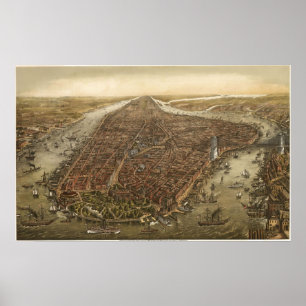 Bird's Eye Map of Manhattan New York City, 1873 Poster