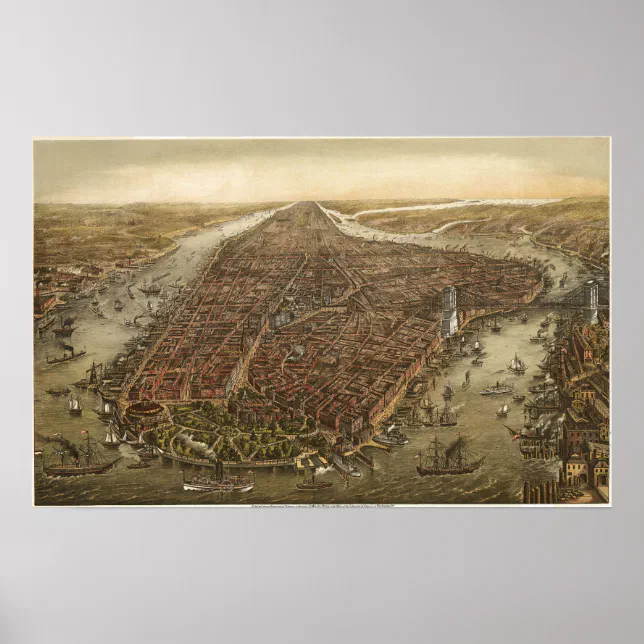 Bird's Eye Map of Manhattan New York City, 1873 Poster | Zazzle
