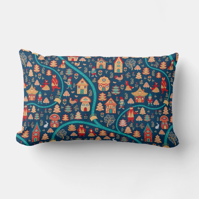 Bird's eye view. Houses,forest,dwarves,bears,foxes Lumbar Pillow (Front)