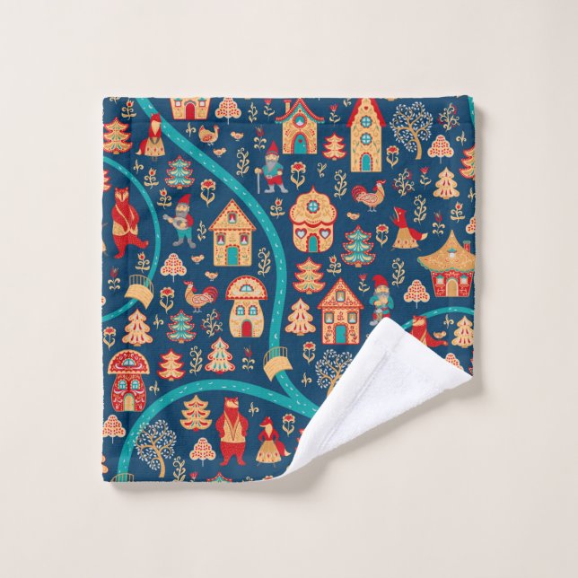 Bird's eye view. Houses,forest,dwarves,bears,foxes Wash Cloth (Wash Cloth)