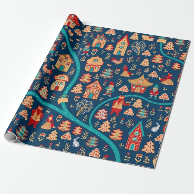 Bird's eye view. Houses,forest,dwarves,bears,foxes Wrapping Paper (Unrolled)