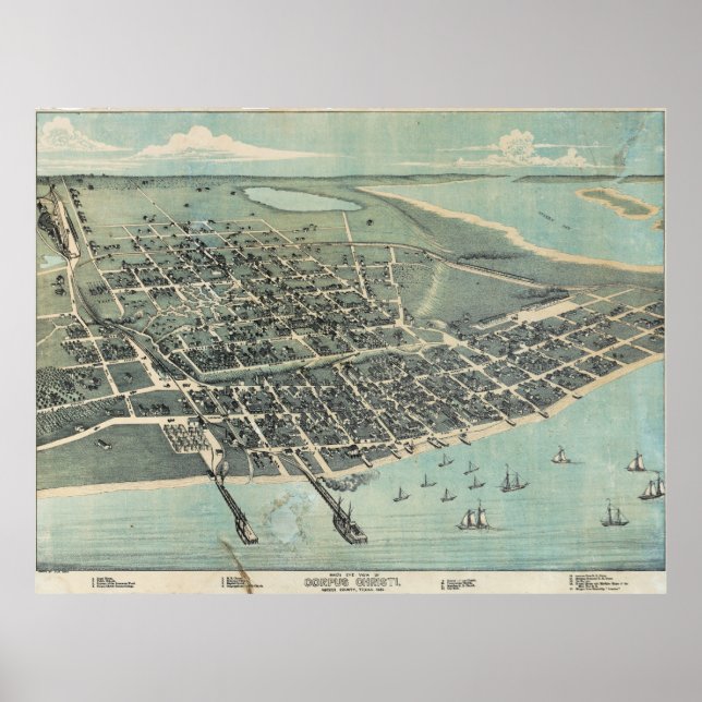 Bird's Eye View Map of Corpus Christi Texas 1887 Poster (Front)