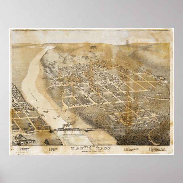 Bird's Eye View Map of Eagle Pass Texas in 1887 Poster (Front)