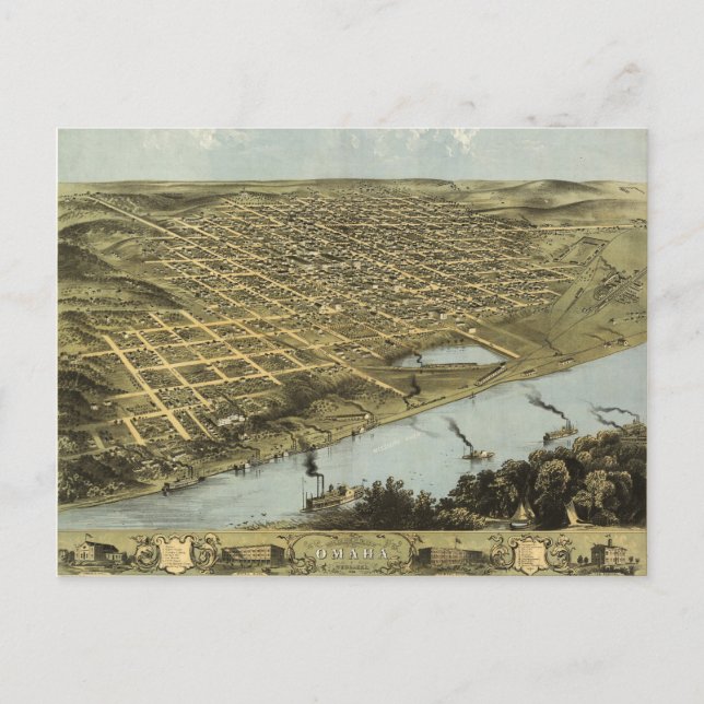 Bird's Eye View Map of Omaha Nebraska (1868) Postcard (Front)