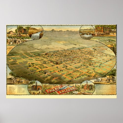 Birds eye view map of Phoenix Arizona in 1885 Poster