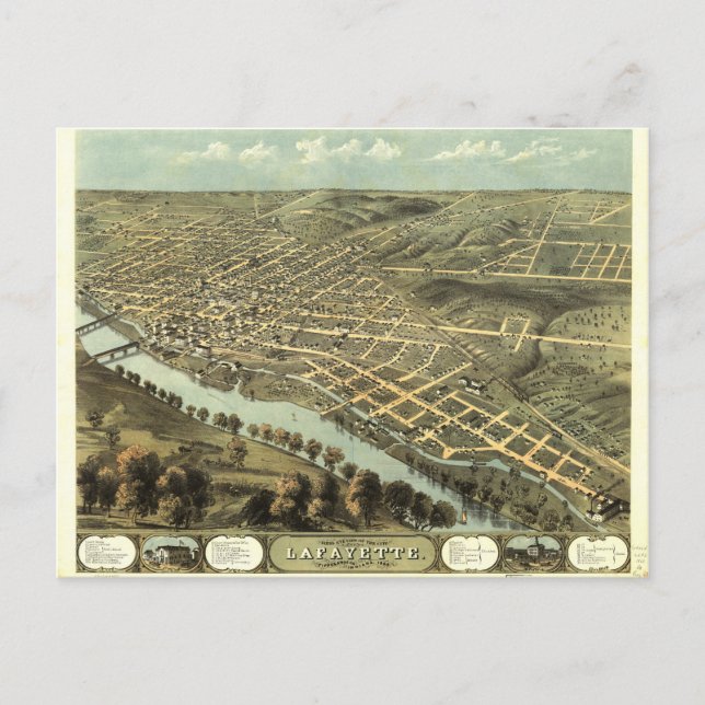 Bird's Eye View of Lafayette, Indiana (1868) Postcard (Front)
