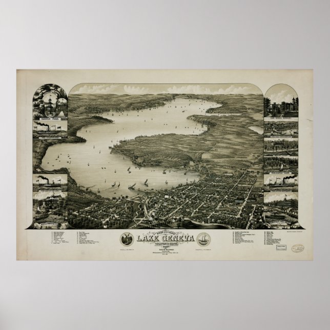 Bird's eye view of Lake Geneva, Wisconsin (1882) Poster (Front)