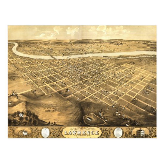 Bird's Eye View of Lawrence Kansas (1869) Postcard