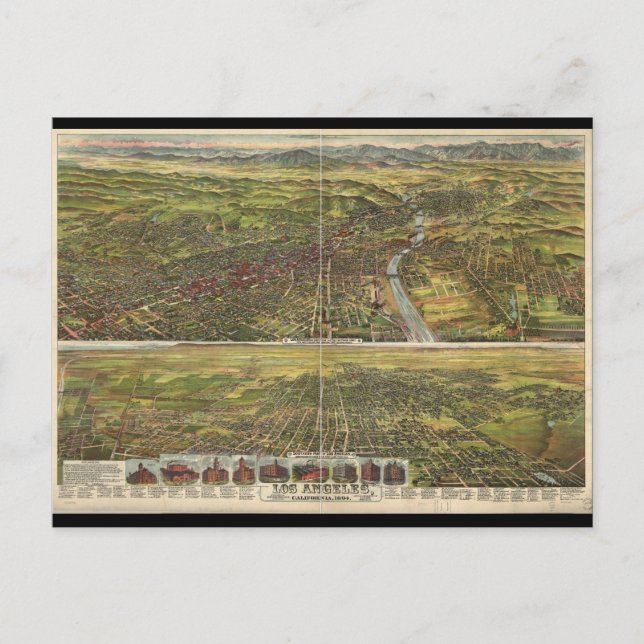 Bird's Eye View of Los Angeles California in 1894 Postcard (Front)