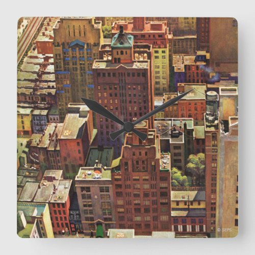 Birds_Eye View of New York City by John Falter Square Wall Clock