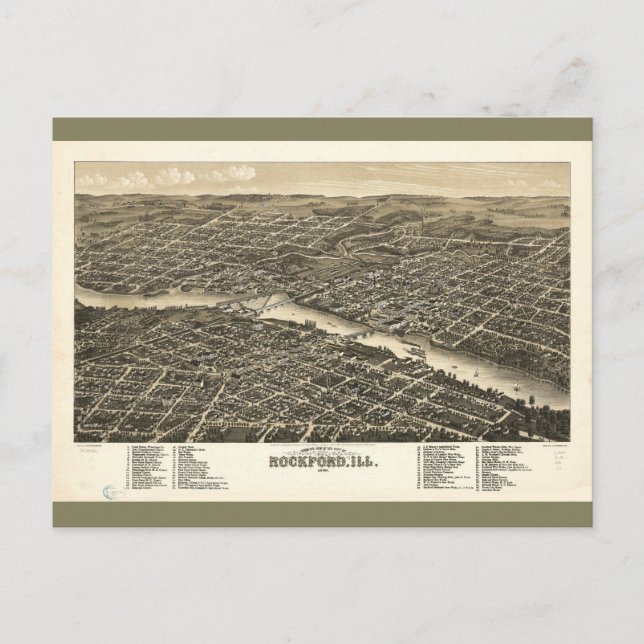 Bird's eye view Rockford Illinois (1880) Postcard (Front)