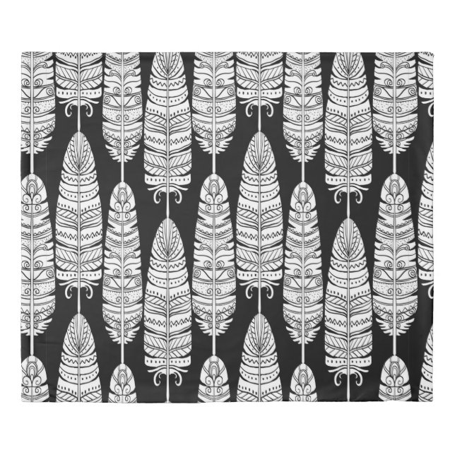 Birds feathers boho seamless pattern in black and  duvet cover (Front)