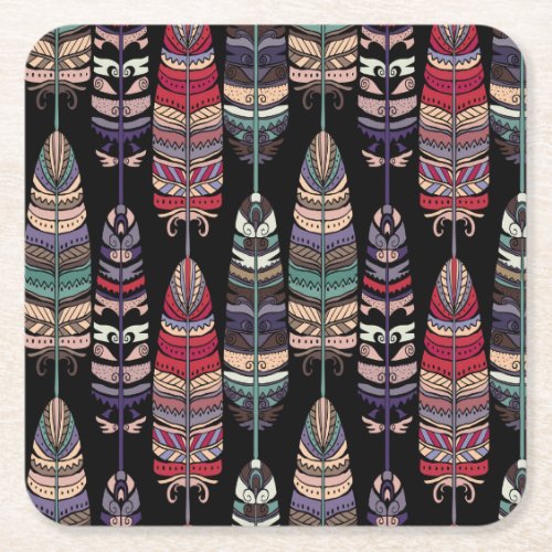 Birds Feathers Tribal Art Seamless Square Paper Coaster