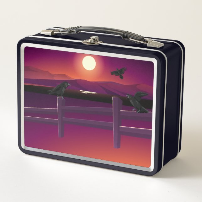 Birds Fence Moon and Flying Ravens  Metal Lunch Box (Front)
