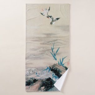 Birds Fighting in the Mountain Stream, Hokusai Bath Towel