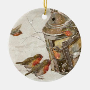 Birds Find Shelter in Lantern Vintage Christmas Ceramic Ornament