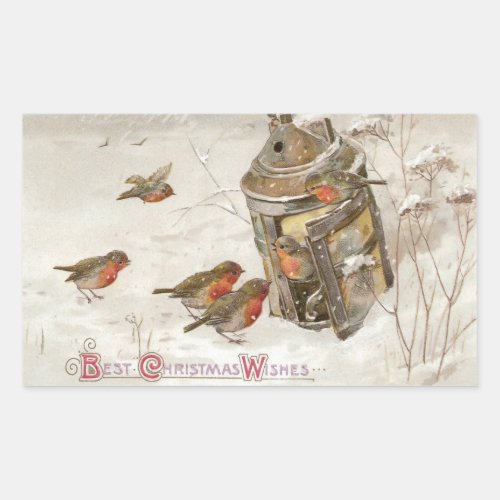 Birds Find Shelter in Lantern Vintage Christmas Rectangular Sticker