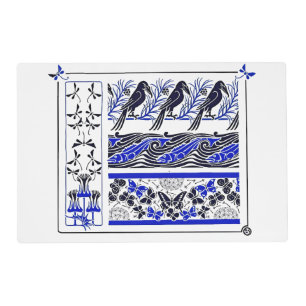 Birds fish Butterfly art blue black pattern Placemat