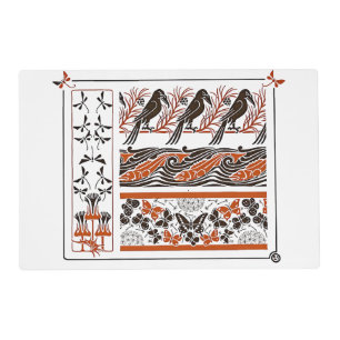 Birds fish Butterfly art red black pattern Placemat