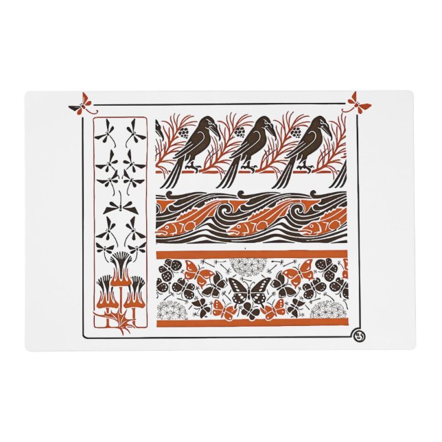 Birds fish Butterfly art red black pattern Placemat (Front)