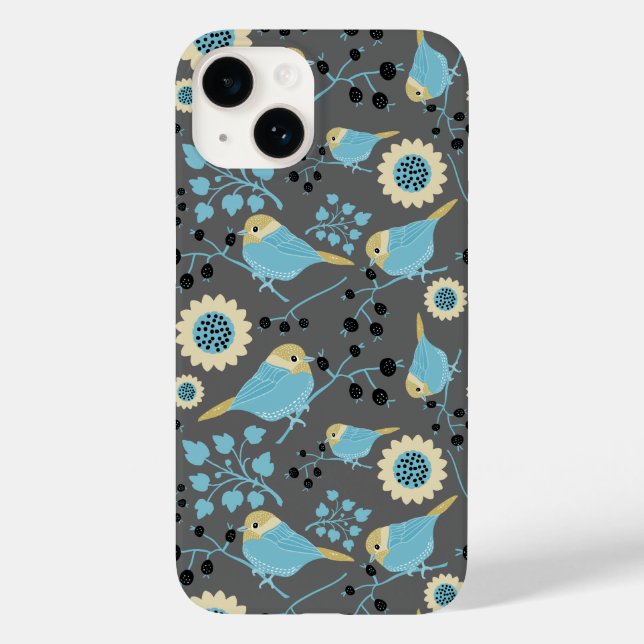 Birds Floral Berries Blue Cream Black Gray Pattern Case-Mate iPhone Case (Back)
