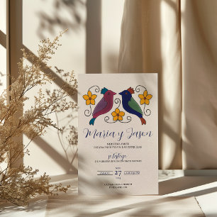 Birds Floral Magenta Navy Blue Spanish Wedding Invitation