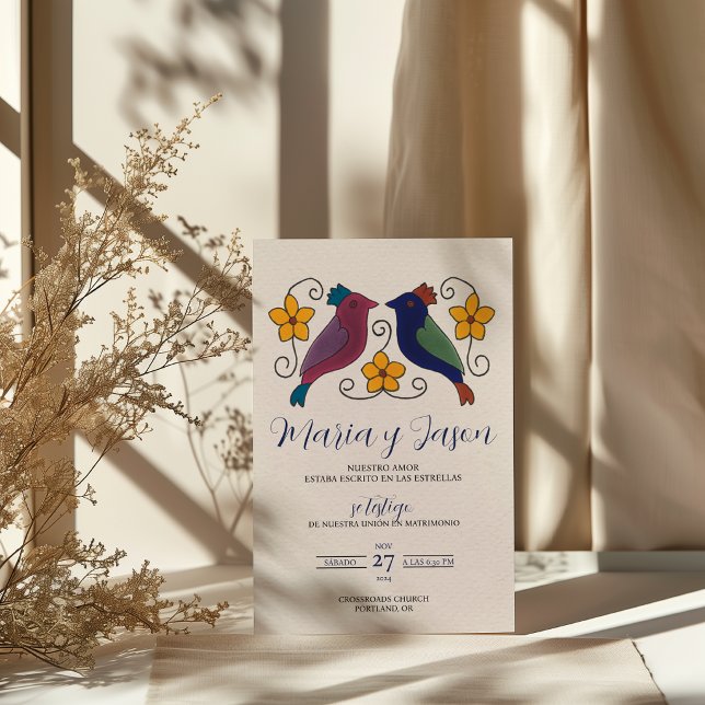 Birds Floral Magenta Navy Blue Spanish Wedding Invitation (Birds Floral Magenta Navy Blue Spanish Wedding Invitation)