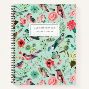 Birds & floral mint green all-over print  notebook