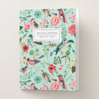 Birds & floral mint green all-over print pocket folder