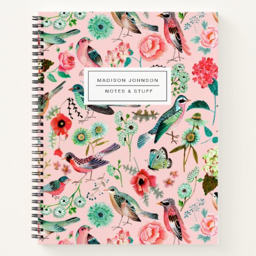 Birds  floral pink all_over print  notebook