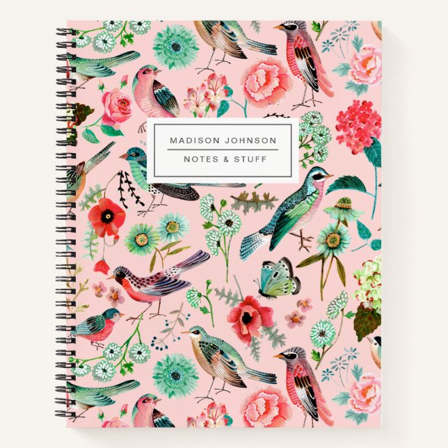 Birds & floral pink all-over print  notebook (Front)