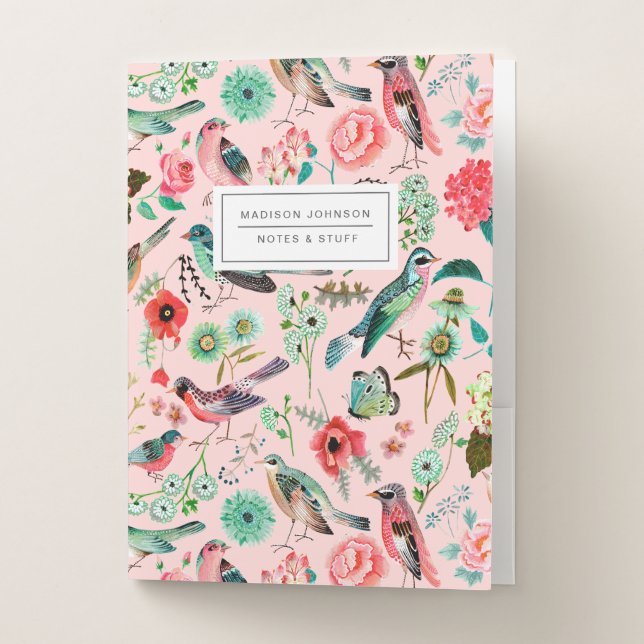 Birds & floral pink all-over print pocket folder (Front)