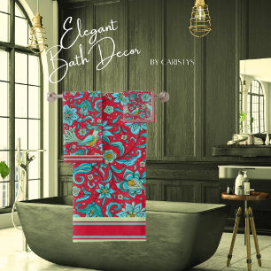 Birds, Florals, Blues, Red, Pale Lime Towel