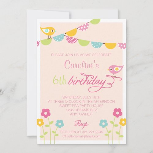 Birds Flowers and Banners Girl Birthday Party Personalized Invites