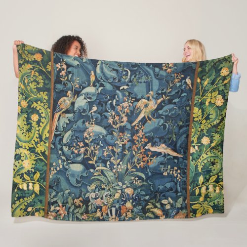 BIRDS FLOWERS AND CABBAGE LEAVES Blue Fleece Blanket