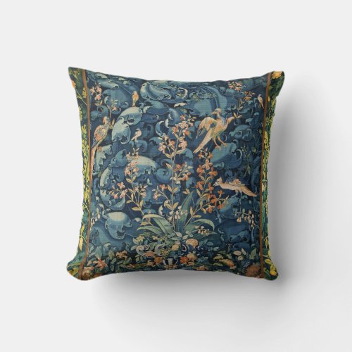 BIRDS FLOWERS AND CABBAGE LEAVES Blue Throw Pillow