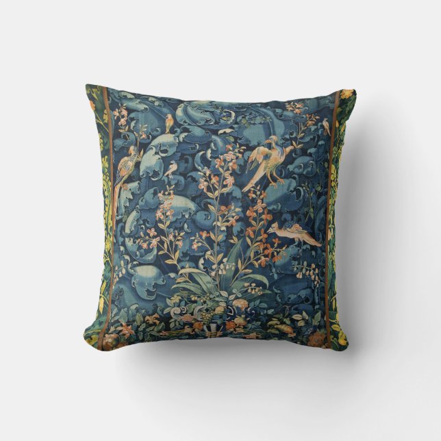 BIRDS ,FLOWERS AND CABBAGE LEAVES ,Blue Throw Pillow (Front)