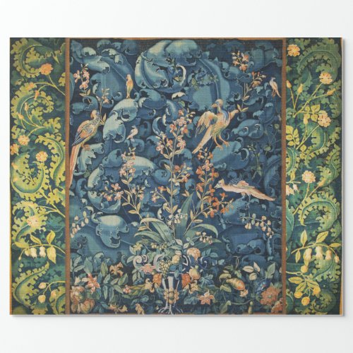 BIRDS FLOWERS AND CABBAGE LEAVES Blue Wrapping Paper