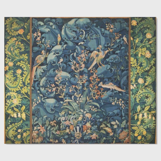 BIRDS ,FLOWERS AND CABBAGE LEAVES ,Blue Wrapping Paper (Flat)