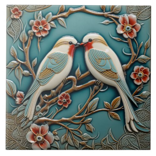 Birds Flowers Art Nouveau Inspired Nature Print Ceramic Tile