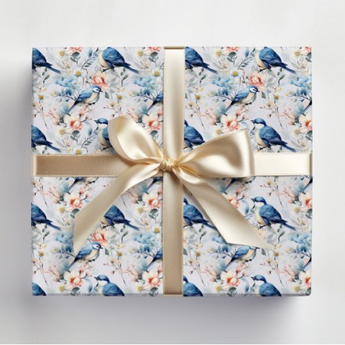 Birds Flowers Blue Pink Nature Wildlife Wrapping Paper