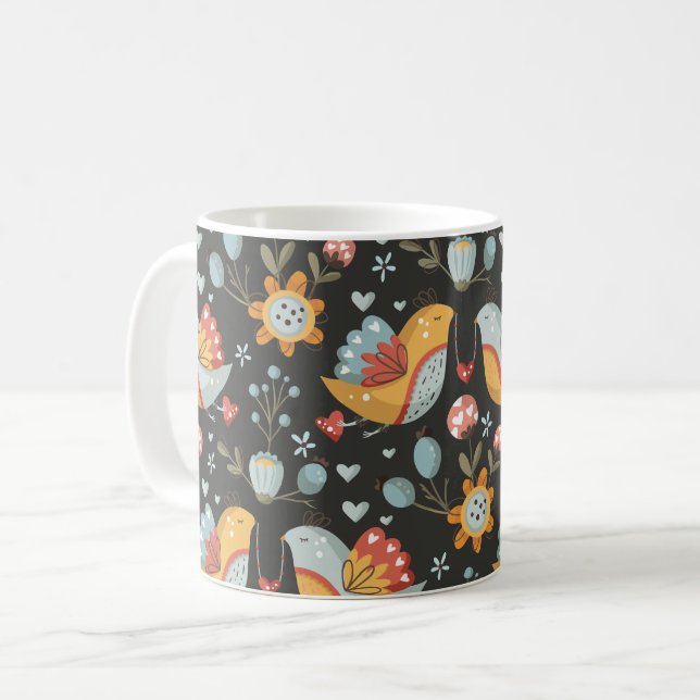 Birds Flowers Bohemian Love Pattern Coffee Mug (Front Left)