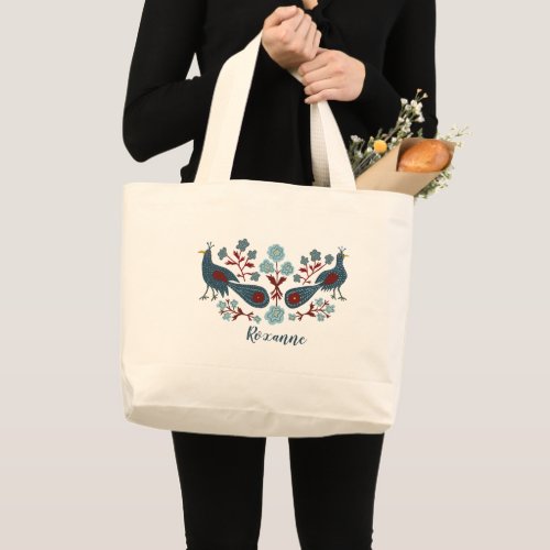 Birds  FLowers Boho Folk CUSTOMIZED Large Tote Bag